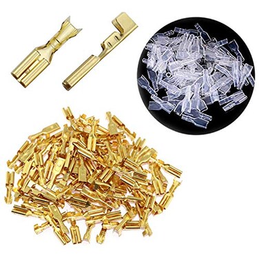RuiLing 100-Pack 2.8mm Gold Female Spade Crimp Terminals with Insulating Sleeves Self Lock Plug Electrical Cable Quick Splice Connectors