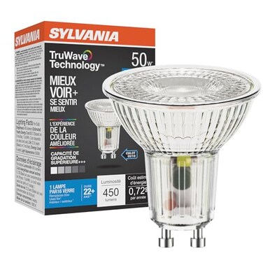 Sylvania LED TruWave Natural Series PAR16 Light Bulb, 50W Equivalent Efficient 6W, GU10 Bi-Pin Base, Dimmable, 3000K, White - 1 Pack (40932)