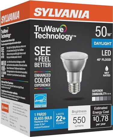 Sylvania LED TruWave Natural Series PAR20 Light Bulb, 50W Equivalent, Efficient 6W, Medium Base, Dimmable, 5000K, Daylight - 1 Pack (40921)