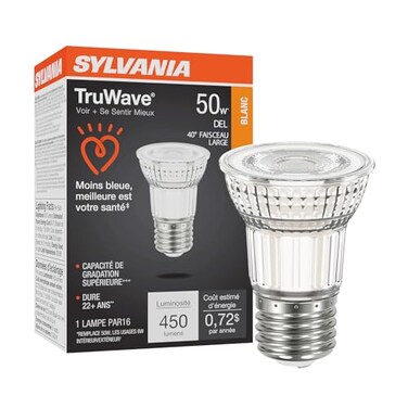 Sylvania LED TruWave Natural Series PAR16 Light Bulb, 50W Equivalent, Efficient 6W, Medium Base, Dimmable, 3000K, White - 1 Pack (40930)