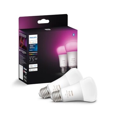 Philips Hue A19 LED Smart Light Bulbs - Flicker-Free 75w Light Bulbs - Control with Hue App - Compatible with Alexa, Google Assistant, and Apple HomeKit - E26 Base - 2 Pack