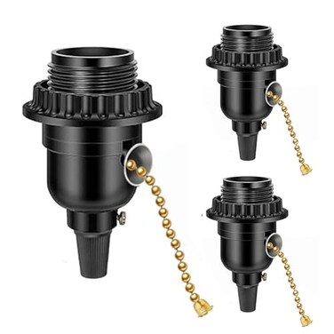 Phenolic Medium Base Light Socket with Pull Chain Switch,3 Pack TWDRTDD Black Period Style E26 E27 Edison Retro Pendant Lamp Holder (Full Uno Thread and Ring)