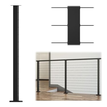 Muzata 42" Black Cable Railing Post Surface Mount Level Drilled PS02 BH4L