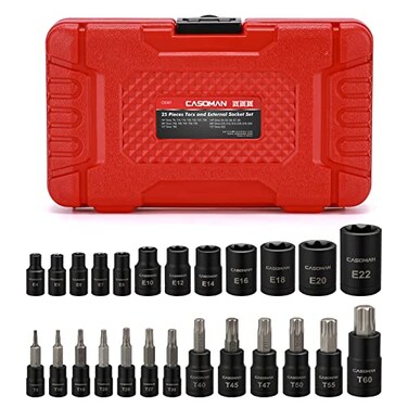 CASOMAN 25 Piece Torx Bit Socket and External Socket Set, 13 Star Socket Bits (T8- T60)&amp; 12 Female E-Torx Sockets (E4-E22)
