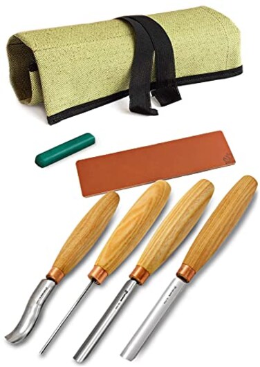 BeaverCraft Wood Carving Gouges Chisels Kit SC01 - Wood Spoon Carving Chisel Set - Whittling Tools Includes Radial Gouges, Flat Chisel, Bent Gouge, Leather Strop &amp; Rolling Pouch