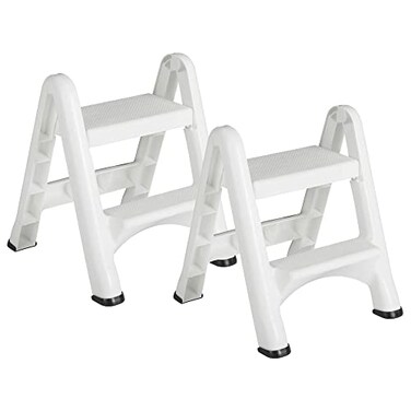 Rubbermaid FG420903WHT EZ Two Step Durable Folding Plastic Ladder Step Stool with Skid Resistant Foot Pads, White (2 Pack)