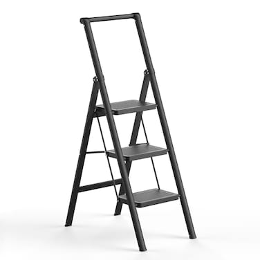 SOLADDER 3 Step Ladder, Folding Step Stool, Lightweight Stepladder, Black