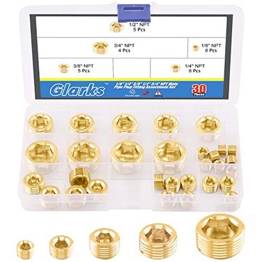 Glarks 30Pcs Brass 1/8'' 1/4'' 3/8'' 1/2'' 3/4'' NPT Male Pipe Plug Fitting Set Internal Hex Thread Socket Pipe Plug Assortment Kit