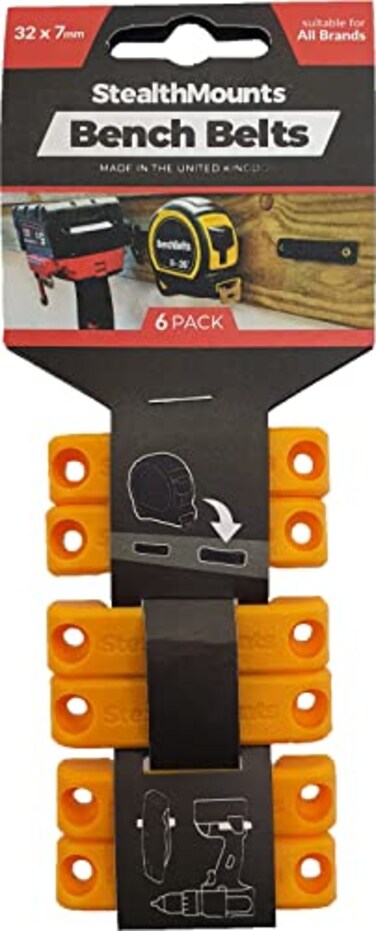 StealthMounts Bench Belt - Universal Tool Holder Tool Holster Set - 6 Pack   Perfect Tool Hanger Storage Dock for Power Tools, Tape Measures and Belt Clips (Yellow)