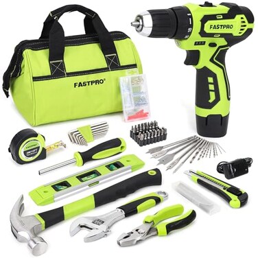 FASTPRO 12V Cordless Drill Set, Home Tool Kit with Bag, Green