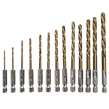 Hex-Shank Drill Bit Set, HSS Titanium Coated Twist, 13Pcs