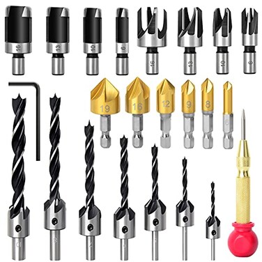 MEIGGTOOL 23pcs Woodworking Chamfer Drilling Tool, 8pcs Wood Plug Cutter Drill, 7pcs Three Pointed Countersink Drill Bit with L-Wrench, 6pcs 1/4" Hex 5 Flute 90 Degree Countersink Drill Bits
