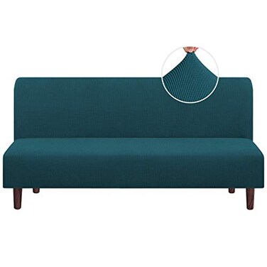 Stretch Armless Futon Cover Full Queen Size Futon Couch Cover with Elastic Bottom, Checked Pattern Jacquard (Deep Teal)