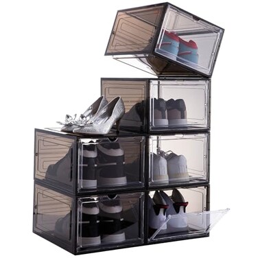 Attelite Shoe Storage Boxes Stackable Clear Shoe Organizer,6 Pack Black