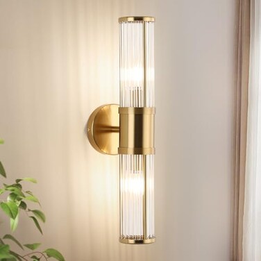 ECOBRT Modern Brushed Brass Vanity Light Fixture 1 Pack, Dual Glass Rods Wall Sconce for Bathroom, Double Light Socket E12 Candelabra Base, Mirror Vanity Lighting (Bulbs Not Included)