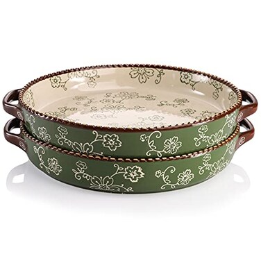 AVLA 2 Pack Ceramic Pie Pan, 9 Inch Round Baking Dish with Double Handle, 28 Ounce Deep Quiche Plates for Kitchen, Cooking, Roasting Lasagna (Sakura, Green)