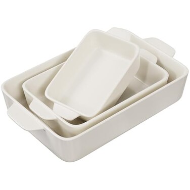 Kook Ceramic Bakeware Set, Rectangular Baking Dishes, For Casseroles, Lasagna, Cake, Small, Medium &amp; Large Pans, Microwave &amp; Dishwasher Safe, Set of 3, (Ivory)
