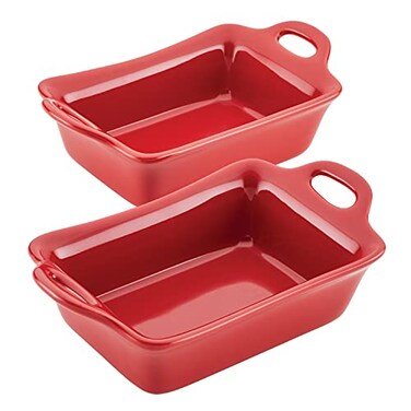 Rachael Ray Solid Glaze Ceramics Au Gratin Bakeware/Baker Set, Rectangular, 2 Piece, Red