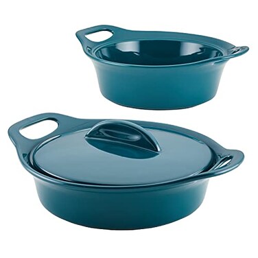 Rachael Ray Solid Glaze Ceramics Casserole Bakeware/Baker Set with Shared Lid, 3 Piece, Teal