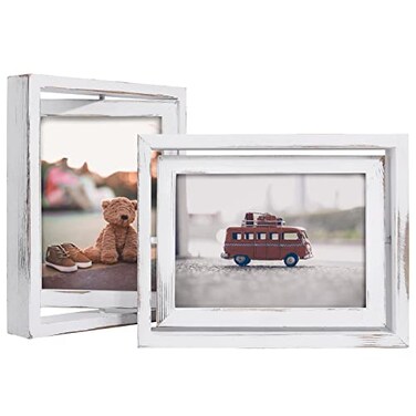 Egofine 2 Pack 5x7 Rotating Floating Picture Frames,Double-Sided Display with HD Glass Front Wooden Distressed Frame for Vertical or Horizontal Tabletop Display, White