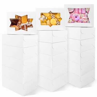 Moretoes 24pcs Bakery Boxes with 3 Styles Window, 8x6x2.5in Treat Boxes