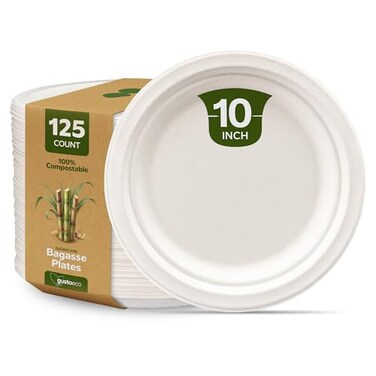 GUSTO 100% Compostable 10 Inch Paper Plates 125 Count] White Heavy Duty Disposable Dinnerware &acirc;&euro;&ldquo; Sugarcane Bagasse, Eco-Friendly &amp; Biodegradable (Formerly Comfy Package)