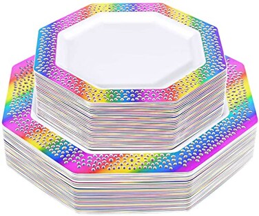 supernal Rainbow Plastic Plates Disposable Party Dinnerware Set