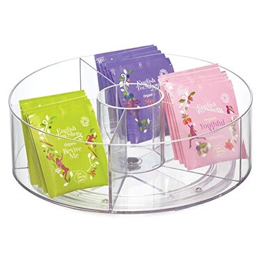 iDesign Cabinet Binz Divided Rotating Turntable Tea Packet Organizer, 9" x 9" x 3.01", Clear