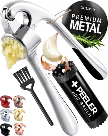 Zulay Kitchen Premium Garlic Press Set - Rust Proof Professional Garlic Mincer Tool - Easy-Squeeze, Easy-Clean with Soft, Ergonomic Handle - Silicone Garlic Peeler &amp; Brush (Chrome)