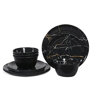 Melamine Dinnerware Sets - 12PCS Plates and Bowls Sets Black Marble Pattern