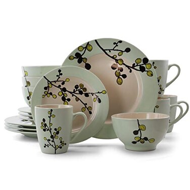 Elama RETROBLOOM Retro Bloom 16 Piece Luxurious Stoneware Dinnerware with Complete Setting for 4, 16pc, Green