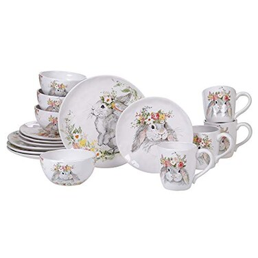 Sweet Bunny 16pc DINNERWARE SET for 4, Ceramic Easter Bunny Plates and Bowls Set, Spring Tabletop Collection, Durable Glazed Finish, Dishwasher Safe, Re-Mailer Packaging