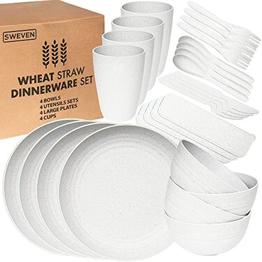 Wheat Straw Dinnerware Sets Unbreakable Dinnerware Sets   Dishwasher Microwave Safe Dinnerware   Eco Friendly Non Breakable Dinnerware Sets   RV Outdoor Camping (White, Service for 4 (28 pcs))