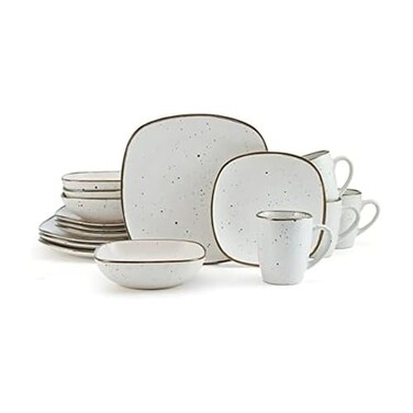 Pfaltzgraff Decker Square 16 Piece Dinnerware Set, Service for 4, White Speckled