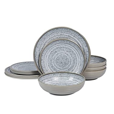 Melamine Dinnerware Sets 12 PCS - Service for 4 Plates &amp; Bowls Sets Grey