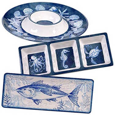 Oceanic 3-Piece Melamine Hostess Set &euro;&ldquo; Includes Chip &amp; Dip Server, 3-Section Relish Tray, and Rectangular Fish Platter &acirc;&euro;&ldquo; BPA-Free, Break-Resistant, Dishwasher Safe &acirc;&euro;&ldquo; Perfect for Indoors or Out