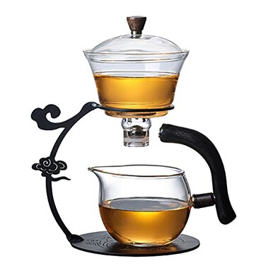 RORA Glass Teapot Set Semi Automatic Drip Rotating with Infuser Lazy Kungfu Tea pot Set (Black)