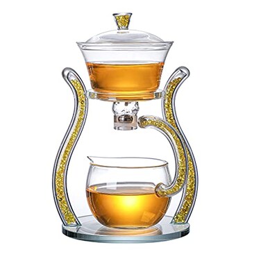 RORA Glass Teapot Set Semi Automatic Drip Rotating with Infuser Lazy Kungfu Tea pot Set (Yellow)