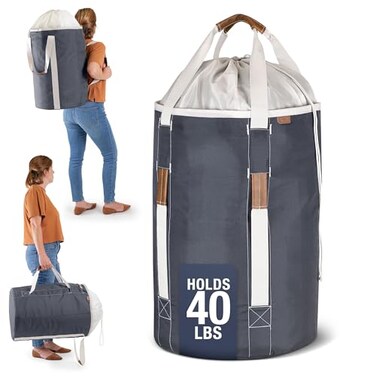 CleverMade Backpack Laundry Duffle Bag Tote with Comfortable Shoulder Straps and Durable Handles - Extra Large Capacity Polyester Clothes Hamper with Drawstring Top Closure Lid, Charcoal