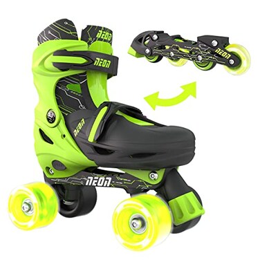 Yvolution Neon Combo Skates 2-1 Quad and Inline Skates for Kids with LED Wheels   Adjustable Sizing (Green, 12-2)