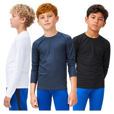 DEVOPS Youth Boys 3-Pack Compression Athletic Performance Baselayer Long Sleeve Shirts (Medium, Black/White/Charcoal)