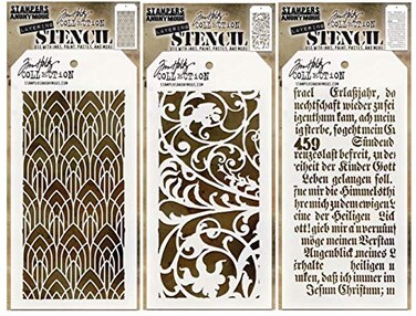 Tim Holtz Layering Full Size Stencils, Released October 2020, Script, Ironwork, Deco Arch, Bundle of 3 (THS147, THS148, THS149)