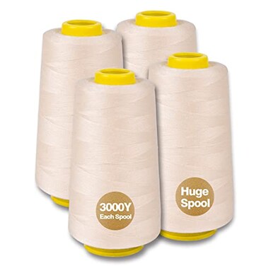 Ivory Serger Thread, All-Purpose Thread for Sewing, Polyester, 4 Cones of 3000 Yards Each Spool for Sewing Machine