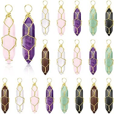Sureio 18 Pcs Natural Crystal Pendant Hexagonal Pointed Wire Wrapped