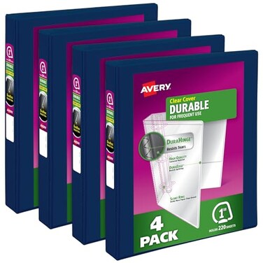 Avery Durable View 3 Ring Binders, 1" Slant Rings, 4 Blue Binders
