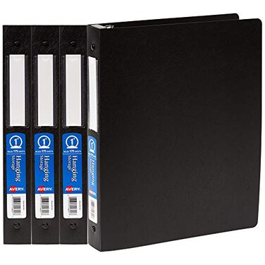 Avery &reg; Hanging Storage 3 Ring Binders, 1" Round Rings, 4 Black Binders