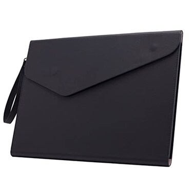 Enyuwlcm PU A4 Leather File Folder Document Holder Folder Stylish Portfolio Envelope Case with Strap and Invisible Magnetic Closure (Black)