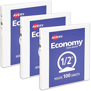 Avery Standard View 3 Ring Binder, 1/2" Round Rings, 3 White Binders