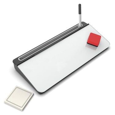 Audio-Visual Direct White Glass Desktop Notepad Set - Dry Erase Board with Marker, Eraser &amp; Sticky Notes -