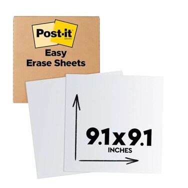 Post-it Easy Erase Whiteboard Sheets, 9.1 x 9.1 in, White, 2 Sheets